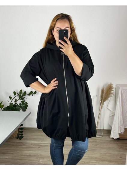Mikina s kapucí dlouhý rukáv dámská nadrozměr (56/58 ONE SIZE) ITALSKÁ MÓDA IMSM24LEILA/DU (Velikost 56/58, Barva Černá)