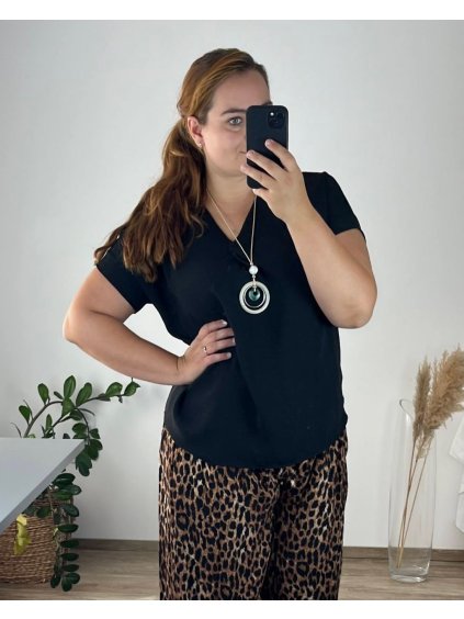Tunika halenka krátký rukáv dámská nadrozměr  (50/52 ONE SIZE) ITALSKÁ MÓDA IMD24NECKLES/DU (Velikost 50/52, Barva Černá)
