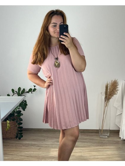 Šaty s přívěskem krátký rukáv dámské nadrozměr (50/52 ONE SIZE) ITALSKÁ MÓDA IM424081/DU (Velikost 50/52, Barva růžová starorůžová)