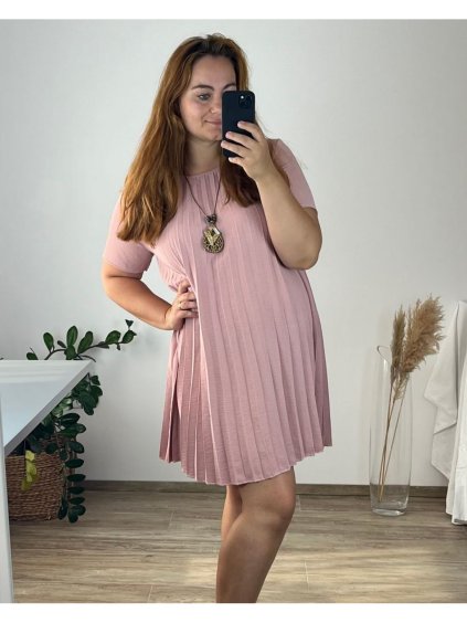 Šaty s přívěskem krátký rukáv dámské nadrozměr (50/52 ONE SIZE) ITALSKÁ MÓDA IM424081/DU (Velikost 50/52, Barva růžová starorůžová)