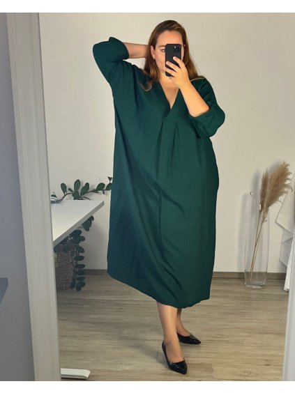 Šaty elegantní dlouhý rukáv dámské nadrozměr (56/58 ONE SIZE) ITALSKá MóDA IM424MARIONA/DU (Velikost 56/58, Barva tmavě petrolejová)