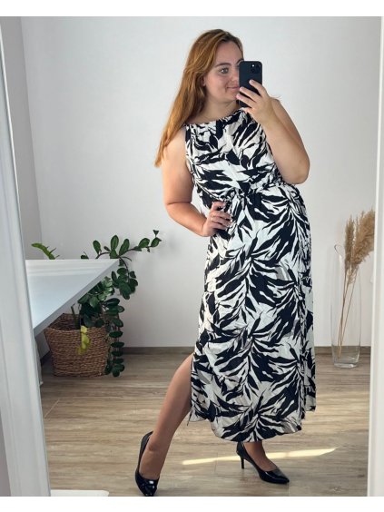 Šaty dlouhé letní bez rukávu dámské nadrozměr (46/48/50 ONE SIZE) ITALSKÁ MÓDA IMWEC24165-4/DUR (Velikost 48/50, Barva Černo-bílá)