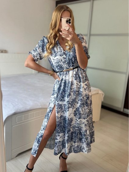 Šaty dlouhé košilové krátký rukáv dámské LIVIA (S/M/L ONE SIZE) ITALSKÁ MÓDA IMWGB24042S-1/DUR (Velikost M/L, Barva modrá)