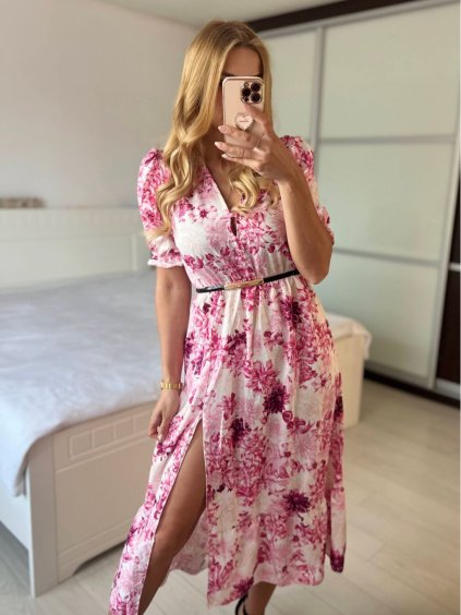 Šaty dlouhé košilové krátký rukáv dámské LIVIA (S/M/L ONE SIZE) ITALSKÁ MÓDA IMWGB24042S-2/DUR (Velikost M/L, Barva růžová)