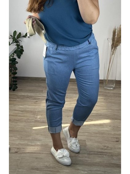 Kalhoty strečové s páskem dámské nadrozměr (48/50 ONE SIZE) ITALSKÁ MÓDA IM424597/DUR (Velikost 48/50, Barva světle modrá)