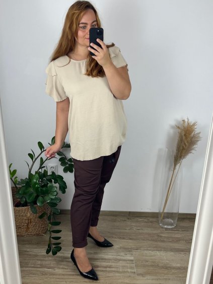 Tunika oversize elegantní krátký rukáv dámská nadrozměr (46/48 ONE SIZE) ITALSKÁ MÓDA IMPLI242252/DUR (Velikost 46/48, Barva béžová)