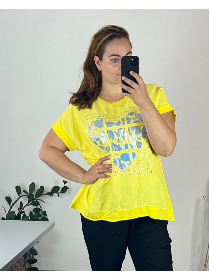 Tričko krátký rukáv dámské nadrozměr (50/52 ONE SIZE) ITALSKÁ MÓDA IMSM24SUMMER-1/DU (Velikost 50/52, Barva žlutá)