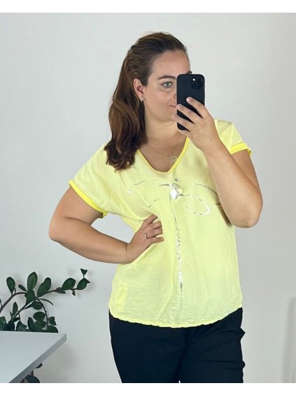 Tričko krátký rukáv dámské nadrozměr (50/52 ONE SIZE) ITALSKÁ MÓDA IMSM24SUMMER-2/DU (Velikost 50/52, Barva žlutá)