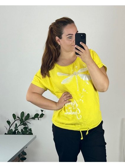 Tričko krátký rukáv dámské nadrozměr (50/52 ONE SIZE) ITALSKÁ MÓDA IMSM24SUMMER-3/DU (Velikost 50/52, Barva žlutá)