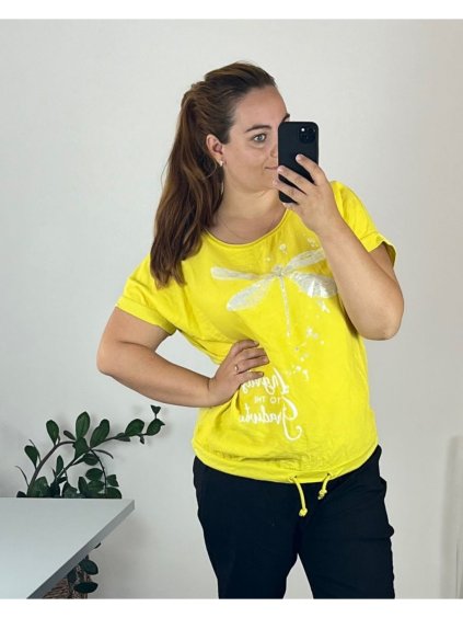 Tričko krátký rukáv dámské nadrozměr (50/52 ONE SIZE) ITALSKÁ MÓDA IMSM24SUMMER-3/DU (Velikost 50/52, Barva žlutá)
