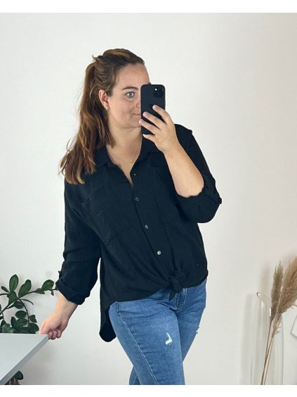 Košile mušelinová dlouhý rukáv dámská nadrozměr (50/52 ONE SIZE) ITALSKÁ MÓDA IMWGS24537/DUR (Velikost 50/52, Barva Černá)