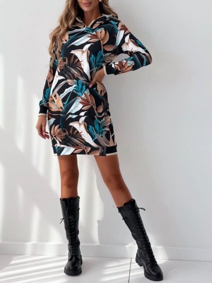 Šaty mikinové s kapucí dlouhý rukáv dámské (S/M/L ONE SIZE) ITALSKÁ MÓDA IMWGB233995-2/DUR (Velikost S/M, Barva Černá)