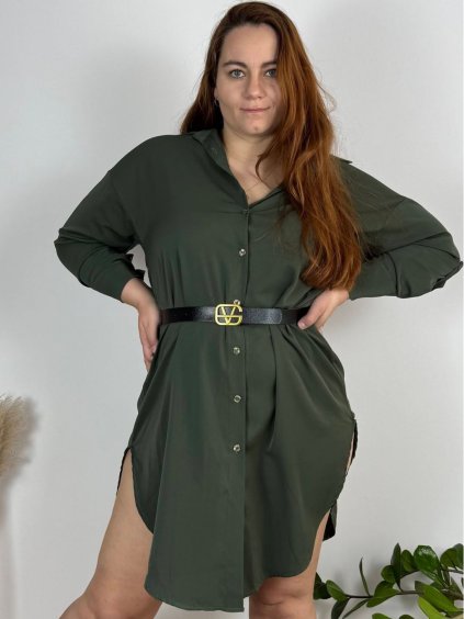 Šaty košilové dlouhý rukáv dámské nadrozměr (48/50 ONE SIZE) ITALSKÁ MÓDA IMPBB24F2713/DR (Velikost 48/50, Barva světle modrá)