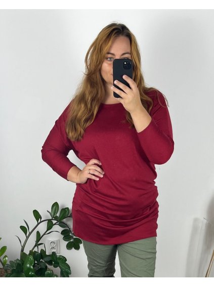 Svetr prodloužený dlouhý rukáv dámský nadrozměr (50/52 ONE SIZE) ITALSKÁ MÓDA IM424RIMINA/DU (Velikost 50/52, Barva vínová)