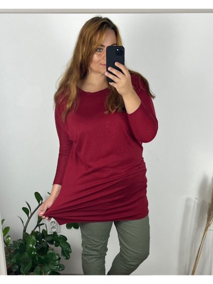 Svetr prodloužený dlouhý rukáv dámský nadrozměr (50/52 ONE SIZE) ITALSKÁ MÓDA IM424RIMINA/DU (Velikost 50/52, Barva vínová)