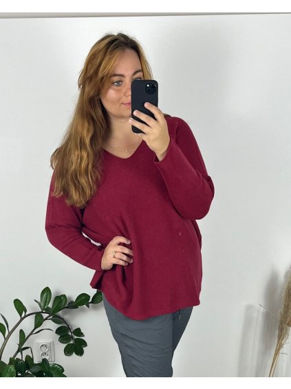 Svetr dlouhý rukáv dámské nadrozměr (56/58 ONE SIZE) ITALSKÁ MÓDA IM424552/DU (Velikost 56/58, Barva vínová)