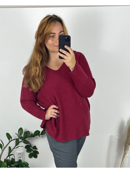 Svetr dlouhý rukáv dámské nadrozměr (56/58 ONE SIZE) ITALSKÁ MÓDA IM424552/DU (Velikost 56/58, Barva vínová)