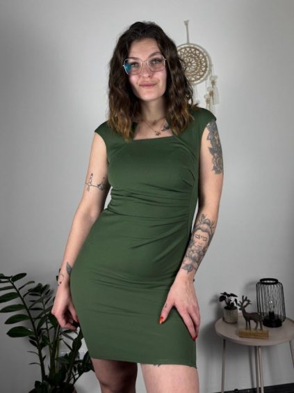 Šaty pouzdrové společenské elegantní bez rukávů dámské Carol (S-XL) ITALSKÁ MÓDA IMM22Q51239-19/DUR (Velikost L, Barva zelená khaki)