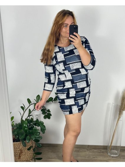 Šaty volnočasové 3/4 rukáv dámské nadrozměr (L-3XL) POLSKÁ MÓDA PMFF24VIKTORIE/DU (Velikost L, Barva tmavě modrá)