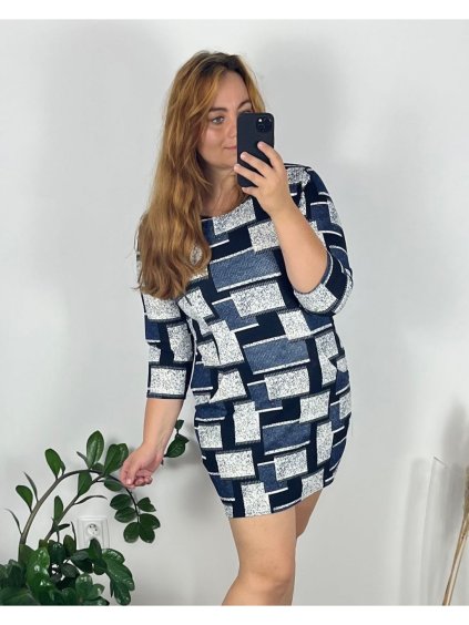 Šaty volnočasové 3/4 rukáv dámské nadrozměr (L-3XL) POLSKÁ MÓDA PMFF24VIKTORIE/DU (Velikost L, Barva tmavě modrá)