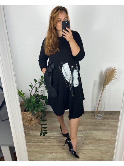 Šaty volnočasové dlouhý rukáv dámské nadrozměr (50/52/54 ONE SIZE) ITALSKá MóDA IM424542/DU (Velikost 50/52, Barva Černá)