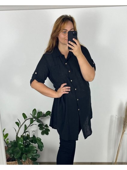 Šaty košile prodloužená 3/4 dlouhý rukáv dámské nadrozměr (52/54 onesize) ITALSKÁ MODA  IM424KIRA/DR (Velikost 52/54, Barva Černá)