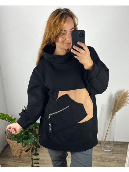 Mikina teplá s kapucí dlouhý rukáv dámská (56/58 ONE SIZE) ITALSKÁ MÓDA IMD22722/DR (Velikost 56/58, Barva Černá)