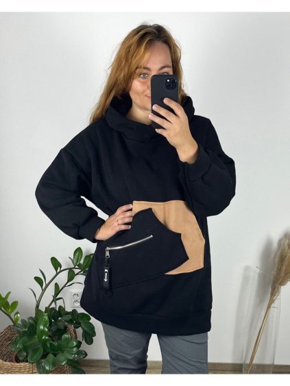 Mikina teplá s kapucí dlouhý rukáv dámská (56/58 ONE SIZE) ITALSKÁ MÓDA IMD22722/DR (Velikost 56/58, Barva Černá)