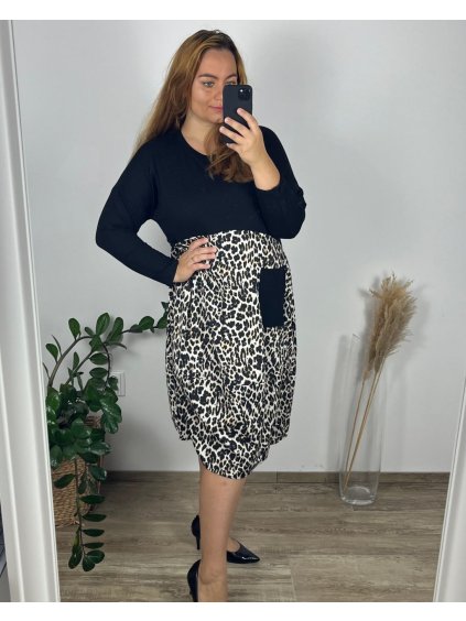 Šaty volnočasové dlouhý rukáv dámské nadrozměr (56/58 ONE SIZE) ITALSKá MóDA IM424572-3/DUR (Velikost 56/58, Barva Černá)