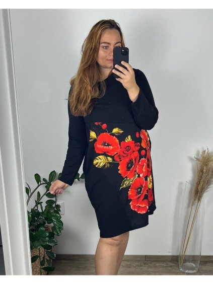 Šaty volnočasové dlouhý rukáv dámské nadrozměr (52/54 ONE SIZE) ITALSKá MóDA IM424HALFA-3/DR (Velikost 52/54, Barva Černá)