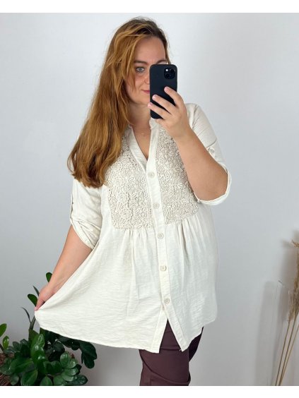 Košile dlouhý rukáv dámská nadrozměr (56/58 ONE SIZE) ITALSKÁ MÓDA IMWT24MADIE/DR (Velikost 56/58, Barva béžová)