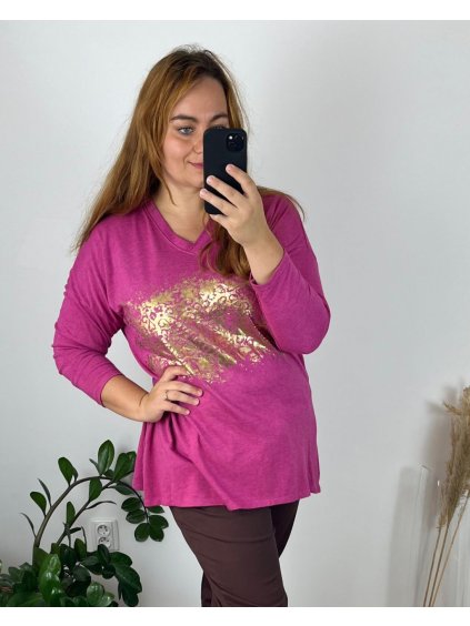 Tunika dlouhý rukáv dámská nadrozměr (54/56 ONE SIZE) ITALSKá MóDA IM424513/DR (Velikost 54/56, Barva růžová fuchsiová)