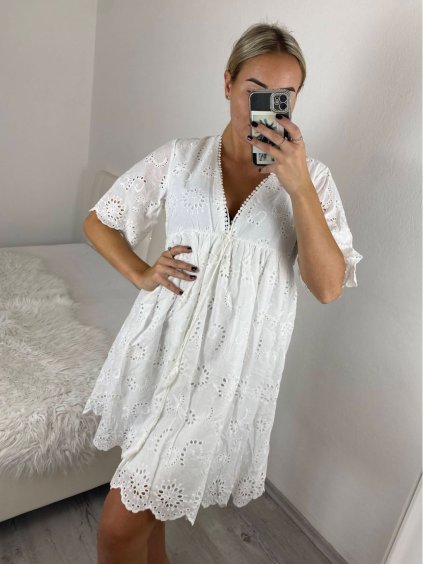 Šaty letní boho krajkové 3/4 dlouhý rukáv dámské (S/M ONE SIZE) ITALSKÁ MÓDA IMPEM2323076/DU (Velikost S/M, Barva bílá)