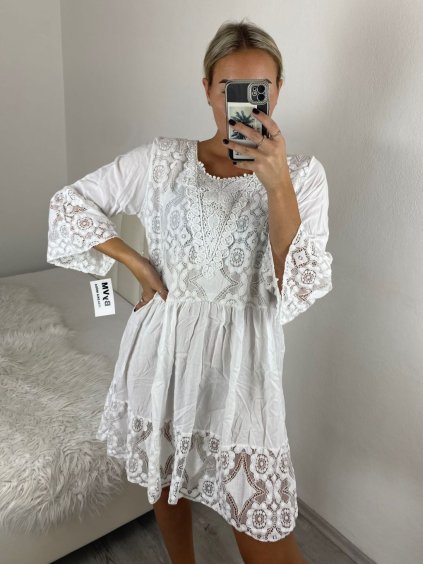 Šaty letní krajkové krátký rukáv dámské (S/M ONE SIZE) ITALSKÁ MÓDA IMWC232532/DU (Velikost S/M, Barva bílá)