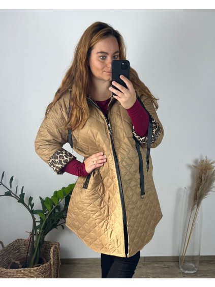 Bunda slabá s kapucí dlouhý rukáv dámská nadrozměr (54/56 ONE SIZE) ITALSKÁ MÓDA IMC24430/DU (Velikost 54/56, Barva béžová)