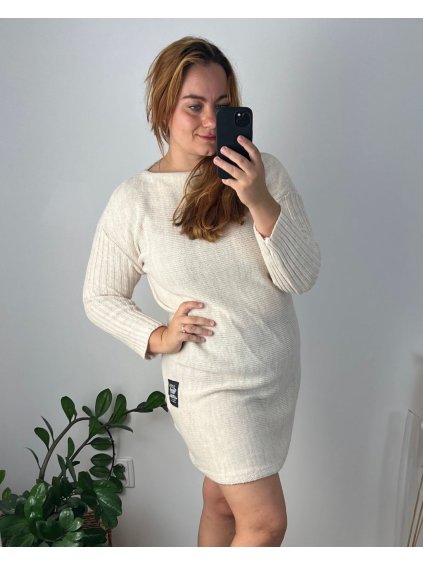 Šaty pletené svetr prodloužený dámské nadrozměr  (52/54 ONE SIZE) ITALSKÁ MÓDA IMD24VERONA/DU (Velikost 52/54, Barva béžová)
