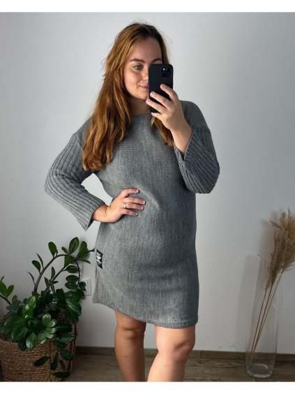 Šaty pletené svetr prodloužený dámské nadrozměr (52/54 ONE SIZE) ITALSKÁ MÓDA IMD24VERONA/DU (Velikost 52/54, Barva béžová)