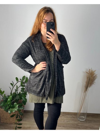 Cardigan slabý dlouhý rukáv dámský nadrozměr (50/52 ONE SIZE) ITALSKÁ MÓDA IMD24VENTURA/DU (Velikost 50/52, Barva Černá)