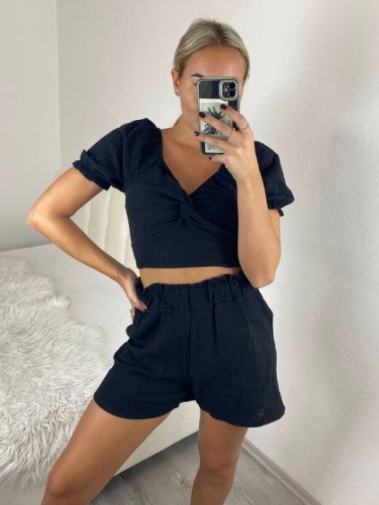 Souprava letní mušelínová kraťasy a top dámská (S/M ONE SIZE) ITALSKÁ MÓDA IMWY23099/DU (Velikost S/M, Barva Černá)