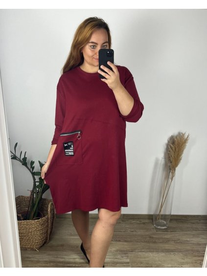 Šaty dlouhé volnočasové dlouhý rukáv dámské nadrozměr (54/56 ONE SIZE) ITALSKÁ MÓDA IMSM2439000/DU (Velikost 54/56, Barva vínová)