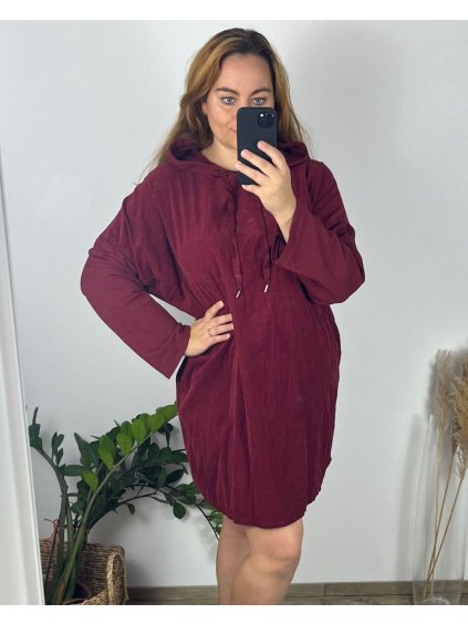 Šaty dlouhé volnočasové  s kapucí dlouhý rukáv dámské nadrozměr (54/56 ONE SIZE) ITALSKÁ MÓDA IMSM2424616/DU (Velikost 54/56, Barva vínová)