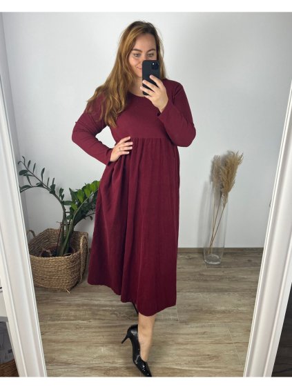 Šaty dlouhé volnočasové dlouhý rukáv dámské nadrozměr (46/48/50 ONE SIZE) ITALSKÁ MÓDA IMSM2424575/DU (Velikost 48/50, Barva vínová)