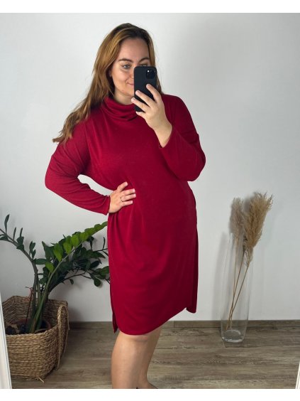 Šaty úpletové s rolákem dlouhý rukáv dámský nadrozměr (54/56 ONE SIZE) ITALSKÁ MÓDA IM424VIVIEN/DUR (Velikost 54/56, Barva červená)