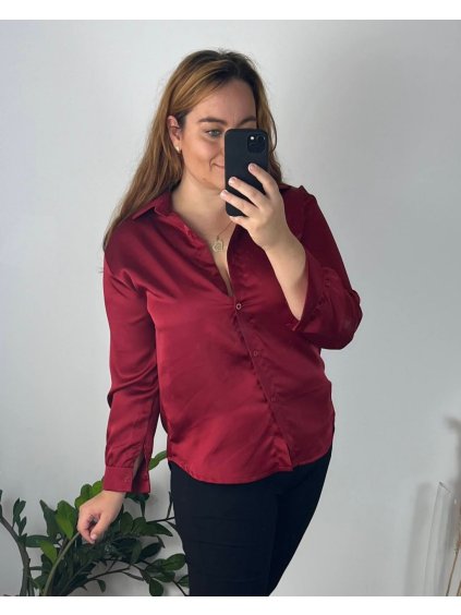Košile saténová dlouhý rukáv dámské nadrozměr (46/48 ONE SIZE) ITALSKá MóDA IM324SIRENA/DU (Velikost 46/48, Barva vínová)