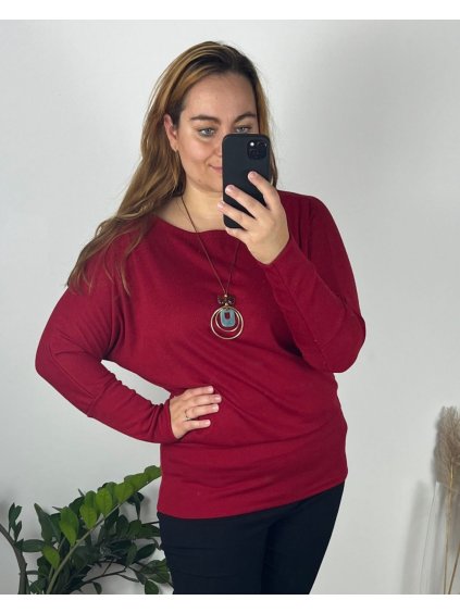 Tunika s přívěskem dlouhý rukáv dámská nadrozměr  (48/50 ONE SIZE) ITALSKÁ MÓDA IM424NEKLES/DUR (Velikost 48/50, Barva vínová)