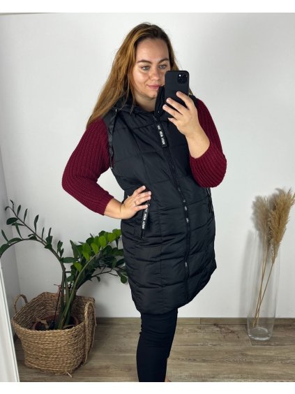 Vesta s kapucí dámská nadrozměr (3XL-7XL) POLSKÁ MÓDA PMW23C20271B/DR (Velikost 3XL, Barva Černá)
