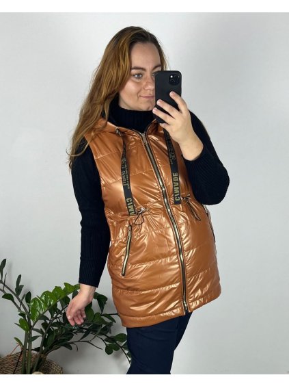 Vesta šusťáková na zip dámská (S-2XL) POLSKÁ MóDA PMWC23C208130/DU (Velikost S, Barva hnědá)