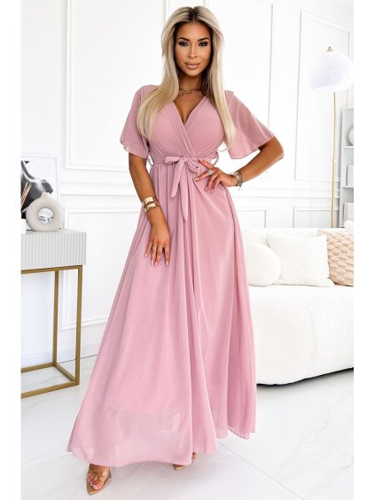 545-1 Dlouhé šaty s řaseným výstřihem a zavazováním - pudrově růžové (Velikost UNI)