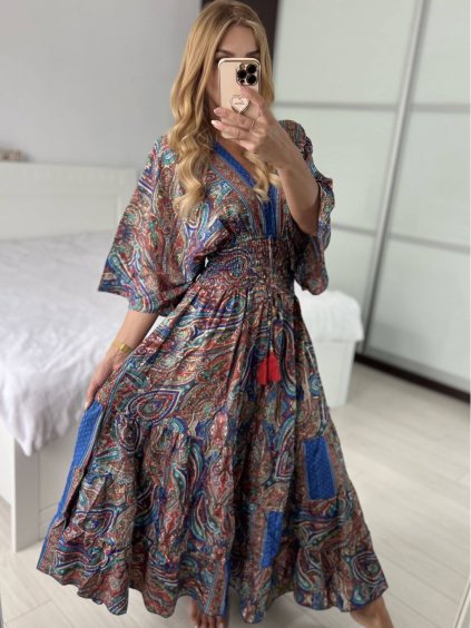 Šaty dlouhé letní zavinovací indické krátký rukáv dámské (S/M/L ONE SIZE) INDICKÁ MÓDA IMWKA24567-5/DUR (Velikost M/L, Barva červená)