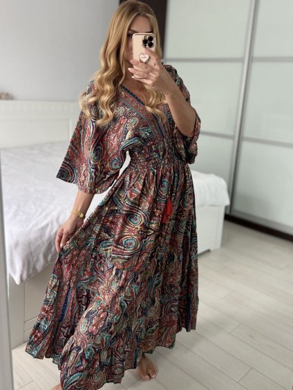 Šaty dlouhé letní zavinovací indické krátký rukáv dámské (S/M/L ONE SIZE) INDICKÁ MÓDA IMWKA24567-7/DUR (Velikost M/L, Barva červená)